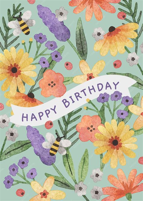 Premium Vector Hand Drawn Colorful Watercolor Floral Happy Birthday Card