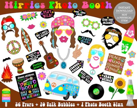 Printable Hippies Photo Booth Propshippies Props 70s Party Props