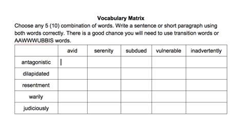Matrix Vocabulary Transition Words Teaching Vocabulary