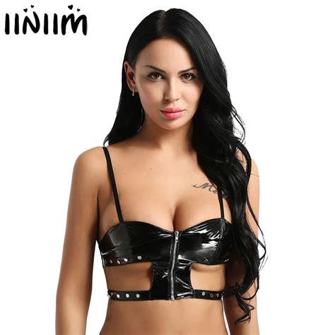 Womens Wetlook Faux Leather Lingerie Clubwear Spaghetti Straps Front Zippered Hollow Out Wire