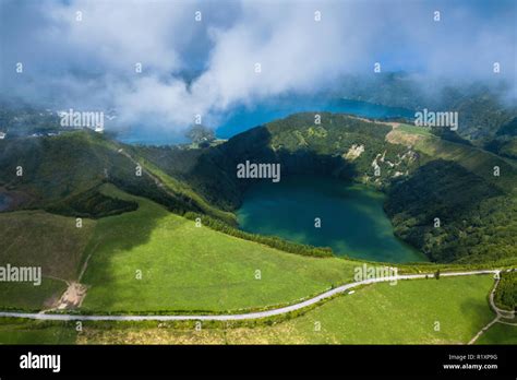 Aerial View Of Lakes In Sete Cidades Volcanic Craters On San Miguel