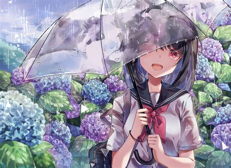 Wallpaper Anime School Girl Raining Transparent Umbrella Colorful
