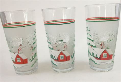 Kig Indonesia Christmas Drinking Glasses ~ Set Of 3 ~ Red Cabin Pine Trees Snow ~ Free