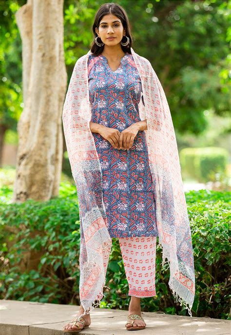 Buy Printed Pure Cotton Punjabi Suit In Blue Online Kqn58 Utsav Fashion