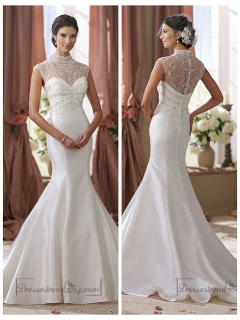 Elegant ball gown wedding dress with lace bodice and illusion neckline. High Beaded Illusion Neckline Mermaid Wedding Dress ...