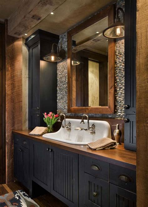 Rich red cherry wood and stained plank walls work well with a marble countertop and a rich stone accent wall. 45 Best Rustic Bathroom Decor Ideas & Designs (2021 Guide)