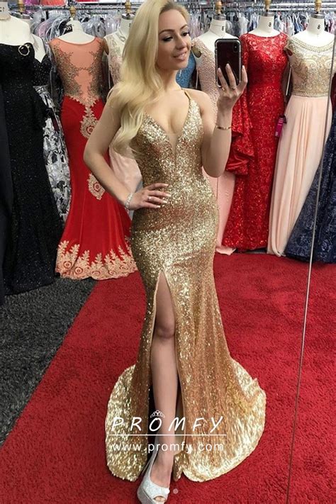Glittering Gold Sequin High Slit Mermaid Prom Dress Promfy