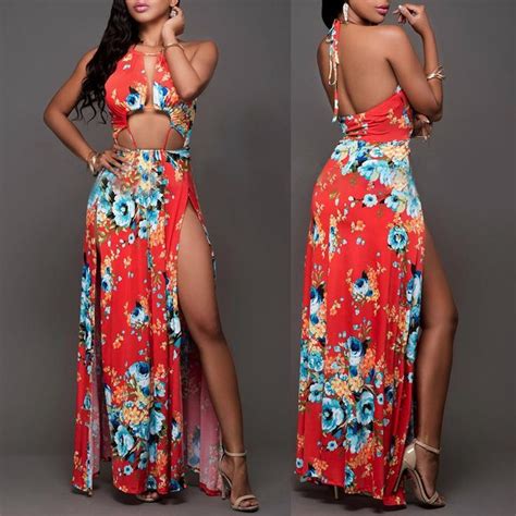 Sexy Floral Print Backless Bare Midriff Side Split Halter Maxi Dress Maxi Dress Dresses