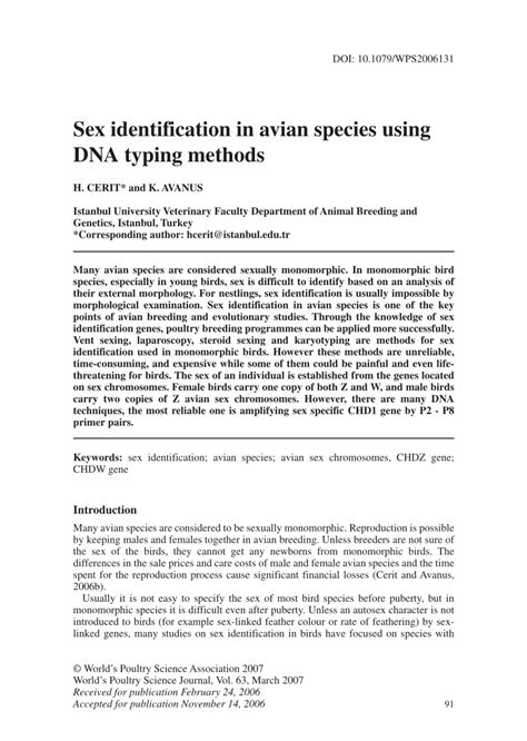 Pdf Sex Identification In Avian Species Using Dna Typing Methods