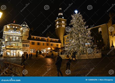 Christmas Tree In A Small Village In The French Alps Editorial Photo
