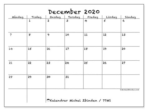 Printable and ready to use design template. Kalender december 2020 - 77MS - Michel Zbinden SV