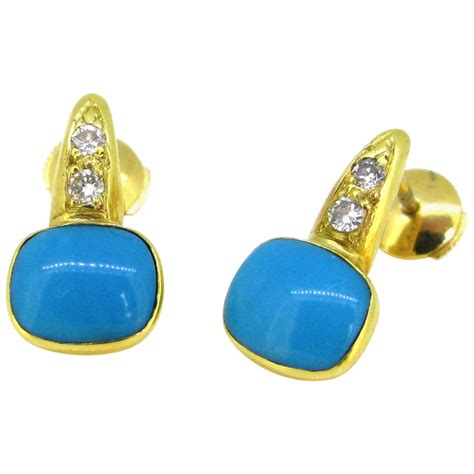 Turquoise And Yellow Diamond Gold Stud Earrings For Sale At Stdibs