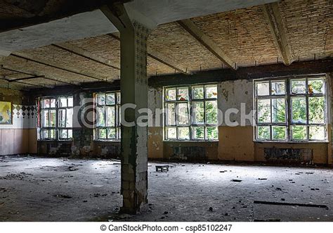 Abandoned Manor House Interior Of Dining Room With Peeling Walls And