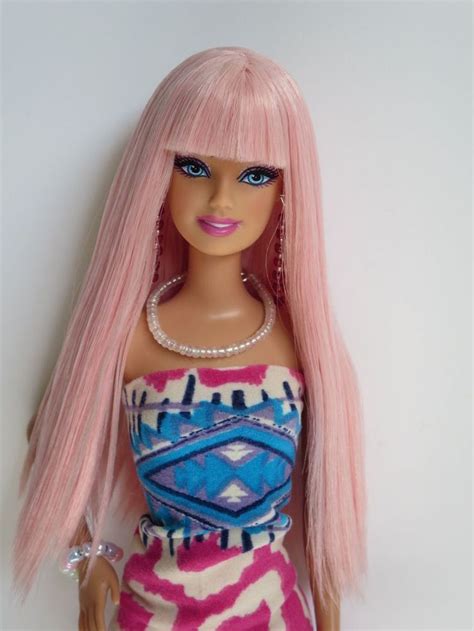 ooak barbie doll re root reroot pink hair fashionista face accessories bangs pink hair