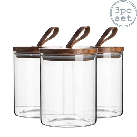 3pc Glass Jar With Wooden Lid Storage Container Airtight 750ml Ebay
