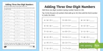 Adding Three One Digit Numbers Using Number Facts To 10