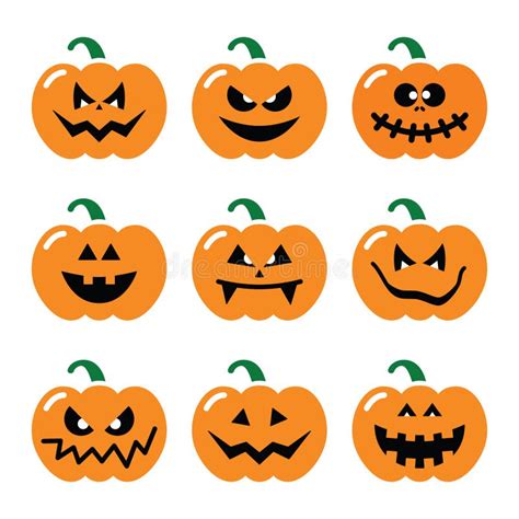 Scary Halloween Pumpkin Faces Icons Set Stock Illustration