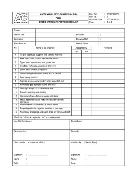 Door And Window Inspection Checklist