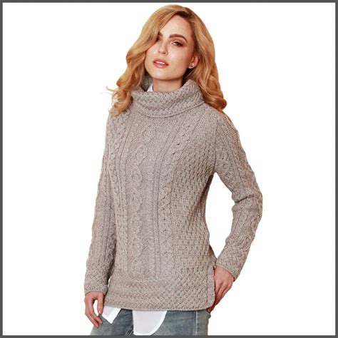 Aran Merino Wool Sweater Irish Cable Knit Womens Gray