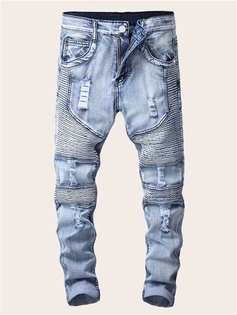 men zipper ripped washed jeans shein uk fashion mens fashion denim ripped blue jeans
