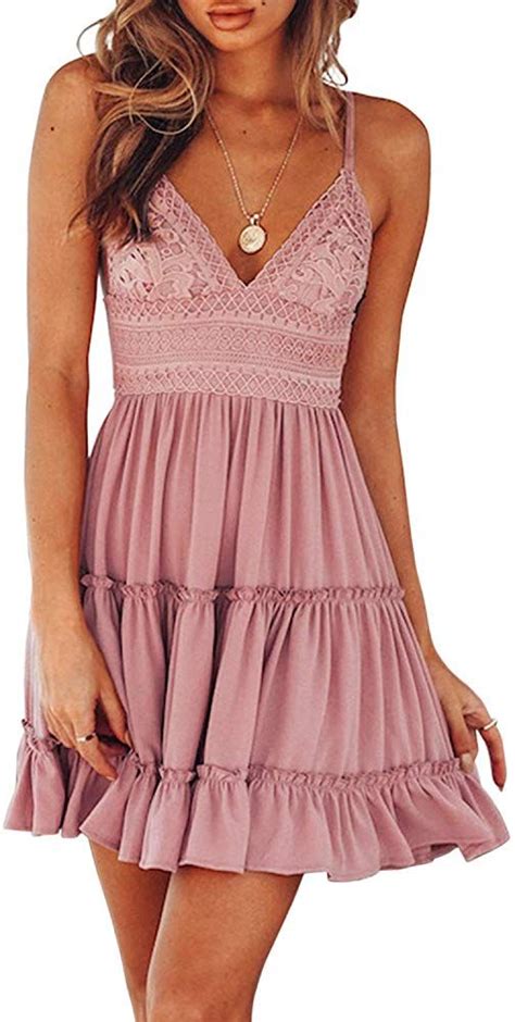 Leani Womens Summer Spaghetti Strap Solid Color Ruffle Backless A Line Beach Short Dress Coral