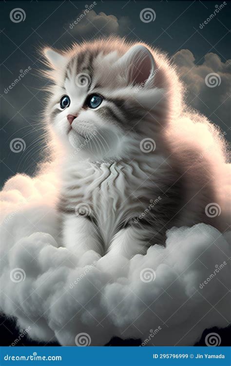 Cute Fluffy Kitten Sitting On Cloud In The Sky With Clouds Stock