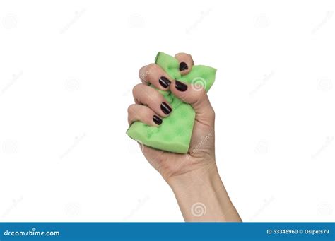 Woman Hand Holding And Squeezing Green Sponge Isolated Over Whi Stock