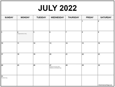 July 2020 Calendar With Holidays