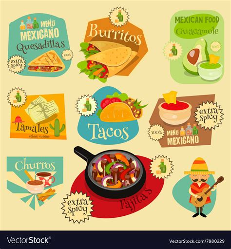 Explore our menu and create your perfect flavor combination. Mexican Food Menu Mini Labels Royalty Free Vector Image