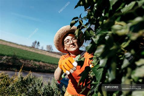 Portrait Of Mature Woman With Straw Hat Trimming Facade Greenery — One Person Greening Stock