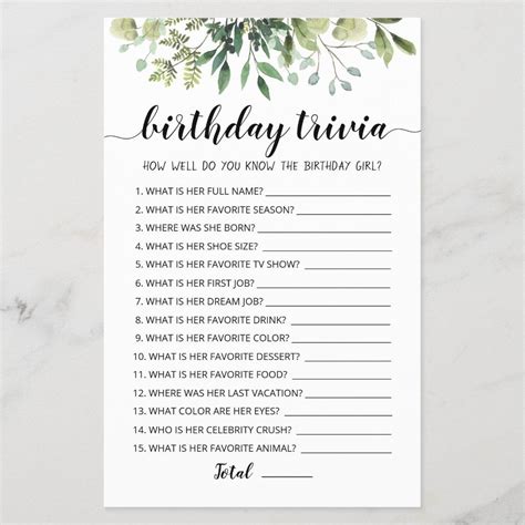 Birthday Trivia Editable Game Size 55 X 85 Color Satin Gender