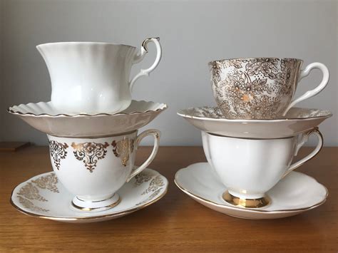 White And Gold Tea Cups And Saucers Vintage China Tea Set Of Etsy