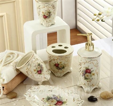 Fancy Romantic Colorful Flowers Print Decorative Ivory Porcelain Bathroom Accessory