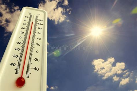 Heat Thermometer Shows The Temperature Is Hot In The Sky Summer Stock