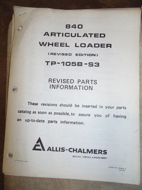 Allis Chalmers 840 Articulated Wheel Loader Parts Manual Used