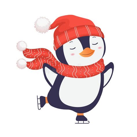 Cute Penguin In Red Scarf And Hat Christmas Character Stock Vector
