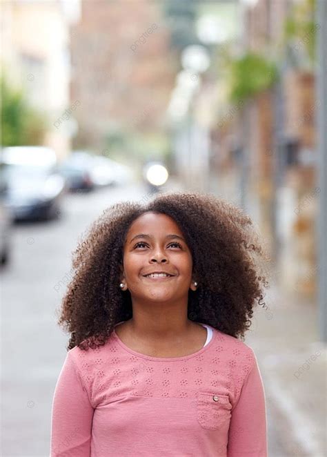 Cute African American Girl In The Street With Afro Hair Cute African