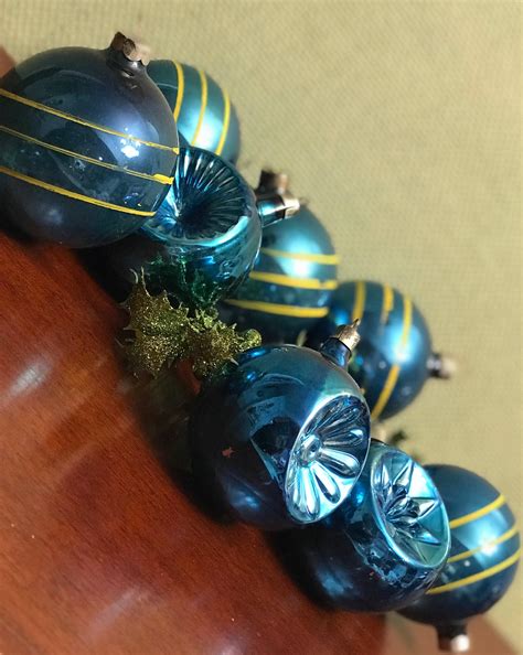 Vintage Christmas Ornament Set Turquoise Blue Glass Ball Ornaments