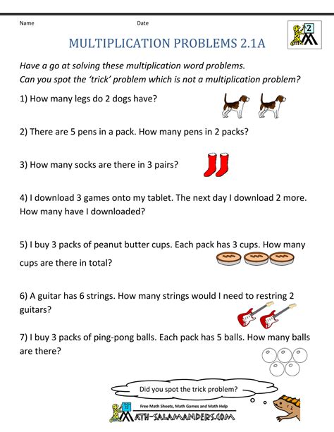 The students have to use the correct operation according to each question to answer the problems. Multiplication Word Problem Area 2nd Grade