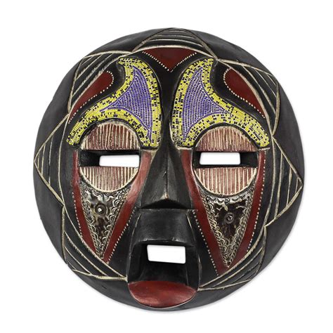 African Recycled Plastic Beaded Wood Mask From Ghana Eco Ohene Novica