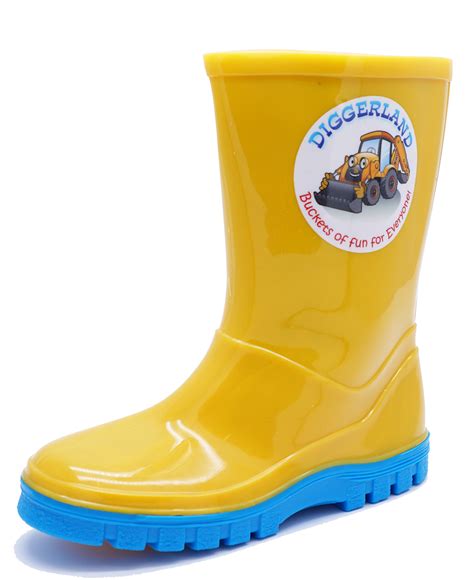 Boys Kids Yellow Diggerland Wellies Rain Splash School Wellington Boots