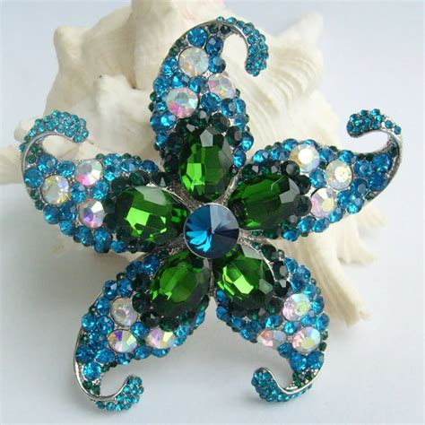 Helenajewelry Silver Tone Green Rhinestone Crystal Starfish