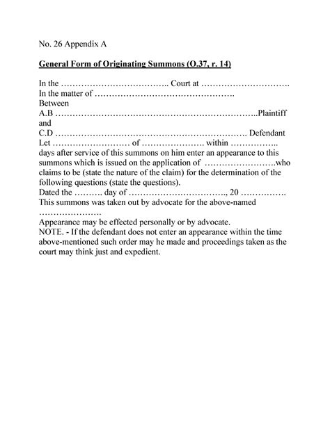 Form 26a Originating Summons No 26 Appendix A General Form Of