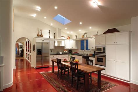 Red Tile Flooring Kitchen Mediterranean With Area Rug Bookshelves Built
