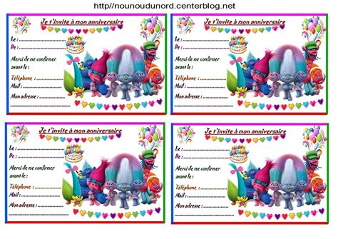 Carte invitation anniversaire à imprimer. Etiquettes et invitations LES TROLLS pour anniversaire