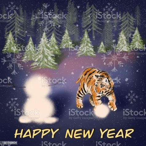 Tiger And Snowman In Winter Forest Stock Illustration Download Image