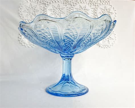 Light Aqua Blue Depression Glass Pedestal Bowl Fruit Cake Etsy