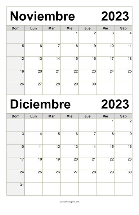 Calendario Noviembre Y Diciembre Para Imprimir