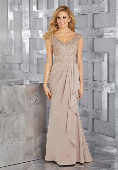 Crepe Mother Of The Bride Gown With Beaded Embroidery And Draping At