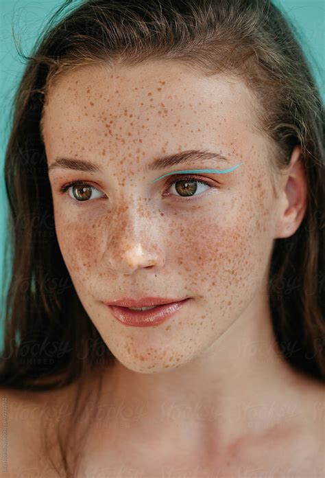 Pretty Girl With Freckles And Blue Eye Liner By Liliya Rodnikova